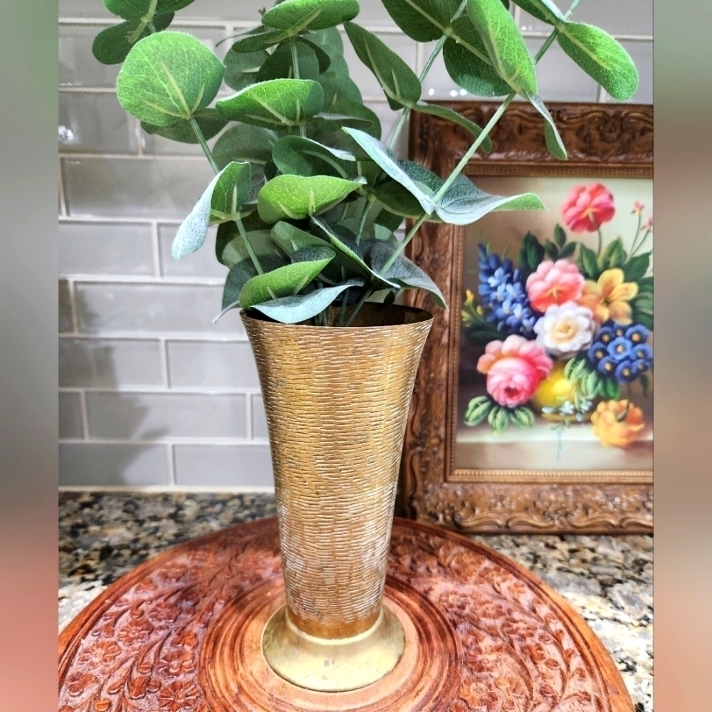 Vintage 7" Etched Brass Flower Vase